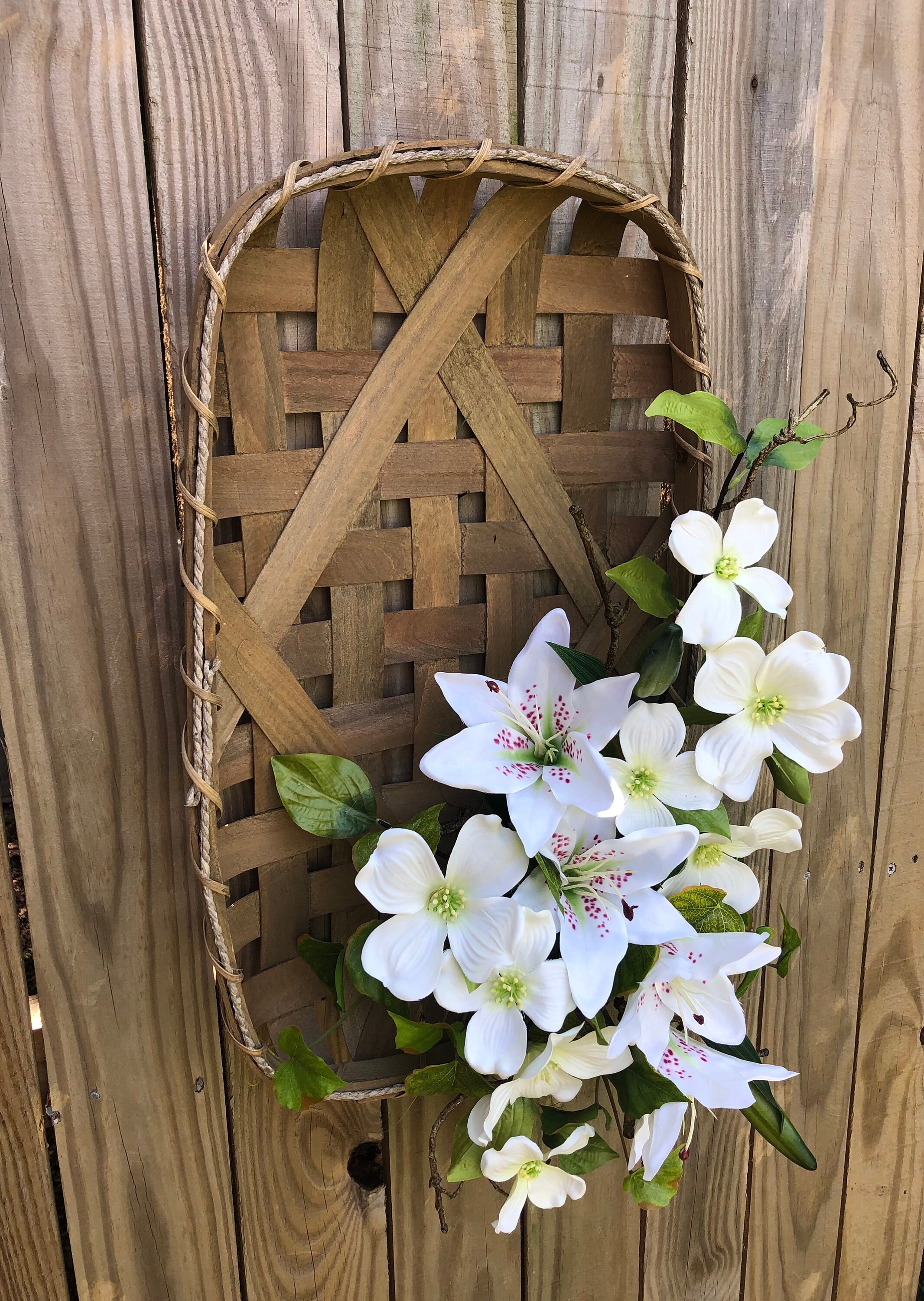 Floral Tobacco Basket: Farmhouse Wall Decor With Dogwood & Lilies