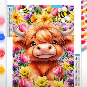 Highland Cow in the Flowerbed 5D DIY Diamond Art Kit, Beginners and Adults Crafts, Diamond Wall Painting, Full Drill Round Art, Cartoon