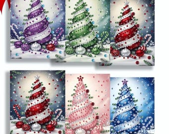 May include: Six rectangular art prints featuring stylized Christmas trees in purple, green, red, pink, and blue. Each tree is decorated with swirling white ribbons, sparkling gems, and surrounded by ornaments and candy canes on a snowy base.