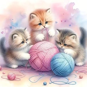 Playing Kittens DIY Diamond Art Kit, Full Drill Round  7”x7” Canvas