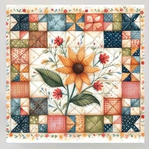 May include: A square quilt featuring a central sunflower illustration with green leaves and red buds. The background consists of a patchwork grid of various squares in shades of blue, orange, red, and green, framed by a floral border of small flowers.