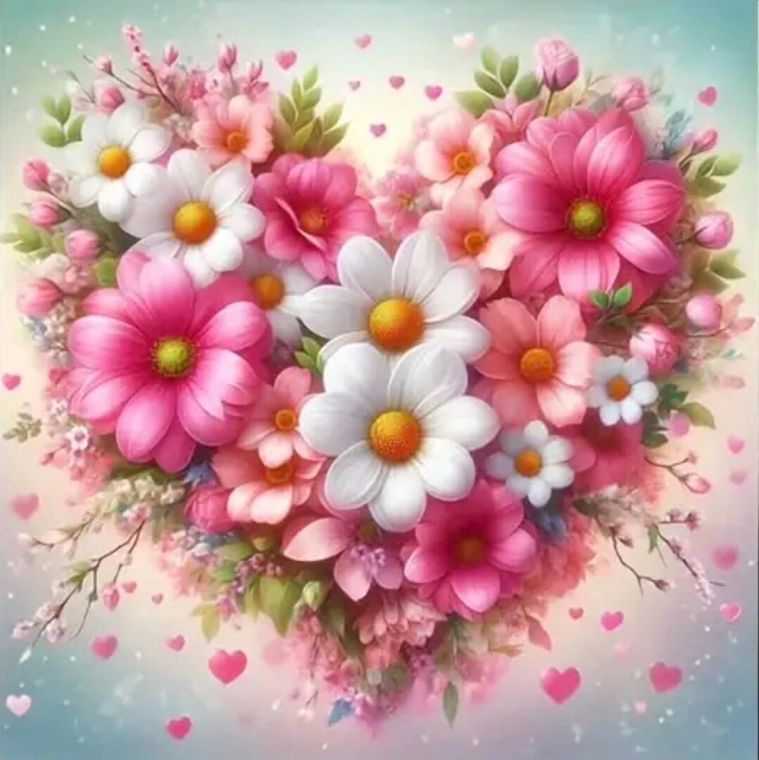 Valentine Heart Flower Design DIY Diamond Art Kit, 12”x12” Full Round ...