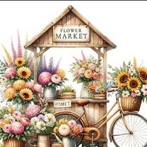 May include: Watercolor illustration of a flower market stand with a bicycle. The stand is made of wood and has a sign that reads "FLOWER MARKET". Various bouquets of flowers, including sunflowers, are displayed in vases and baskets. The bicycle has a basket filled with flowers.