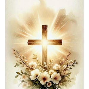 Glowing Cross with Flowers 5D DIY Diamond Art Kit, Beginners and Adults Crafts, Diamond Wall Painting, Full Drill Round Art, Religion Decor