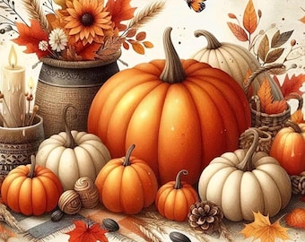 May include: A collection of orange and white pumpkins arranged with a ceramic vase filled with autumn leaves, sunflowers, and wheat. A lit candle in a textured holder, a small woven basket, pinecones, and two butterflies complete the scene.