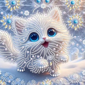 May include: A digital illustration of a smiling kitten with large blue eyes. The kitten is white with intricate patterns of small, sparkling embellishments. The background features snowflakes and floral designs in shades of blue and white.