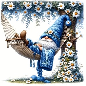 May include: A whimsical illustration of a gnome relaxing in a hammock. The gnome wears a blue knit hat and sweater, adorned with daisies. The hammock is suspended from a tree with white daisy flowers. The scene evokes a sense of peace and tranquility.