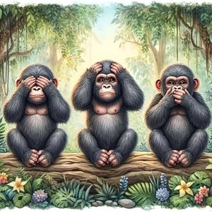 May include: An illustration of three chimpanzees in a jungle setting, each in a classic 'see no evil, hear no evil, speak no evil' pose. The chimpanzees are depicted with dark gray fur, sitting on a log, surrounded by lush green foliage and flowers.