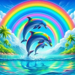 Jumping Dolphins DIY Diamond Art Kit, For Beginners and Adults Crafts, Diamond Wall Painting, Full Drill Round Art, Ocean, Rainbow