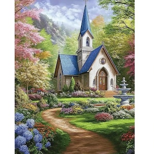 Church in the Woods DIY Diamond Art Kit, For Beginners and Adults Crafts, Diamond Wall Painting, Full Drill Round Art, Religious