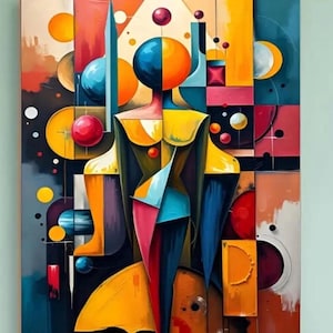 May include: Abstract art painting with a geometric design. The artwork features a figure composed of shapes and colors, including yellow, blue, red, and orange. Spheres and rectangular blocks are arranged in a vibrant composition. The painting has a modern aesthetic.