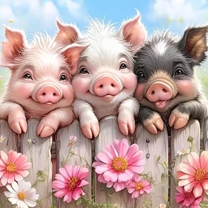 May include: Three smiling pigs of varying colors, pink, white, and black, peek over a weathered wooden fence. Pink and white flowers bloom in front of the fence against a blue sky background. The pigs have rosy cheeks and are smiling.