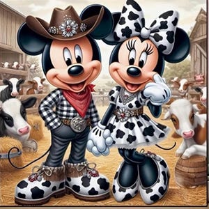 Cowboy Mouse Couple 5D DIY Diamond Painting Kit, Canvas Craft Set for Home Decor & Unique Gifts, 11”x11” Printed Canvas, Mickey, Minnie