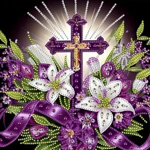 Purple Cross & Lilies 5D Diamond Art Kit: Religious Craft (11.81&quot; Canvas)