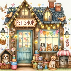 May include: A wooden pet shop building with a sign reading PET SHOP, featuring a blue door, a gray shingled roof, and string lights. The shop displays cats in the window, a dog in a basket, a cat sitting outside, and a pet carrier with a small animal.