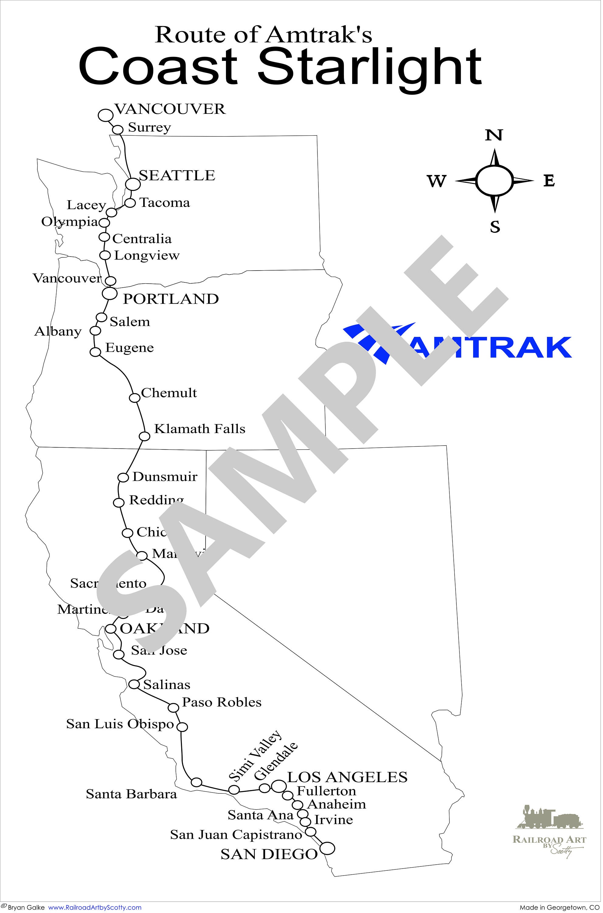Amtrak Coast Starlight Railroad Route Map Etsy