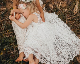 Ready to ship, Ivory flower girl dress, Bohemian Flower Girl Dress, rustic flower girl dress, white lace flower girl dress, dusty rose