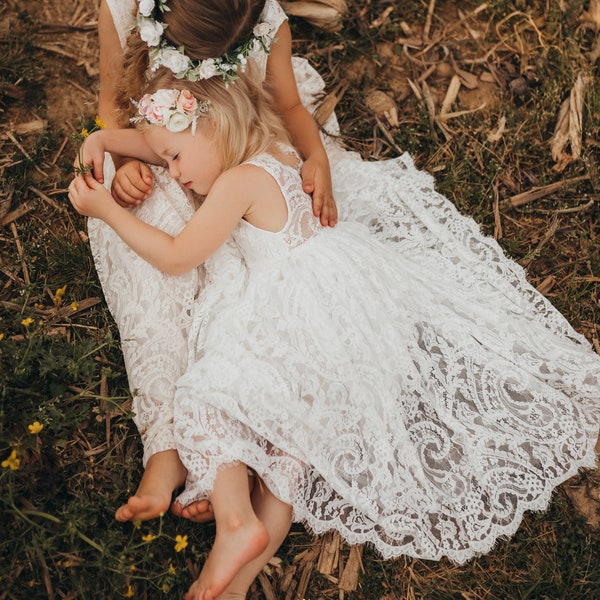 Ready to ship, Ivory flower girl dress, Bohemian Flower Girl Dress, rustic flower girl dress, white lace flower girl dress, dusty rose