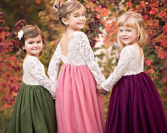 READY TO SHIP, Long sleeve flower girl, Flower girl dresses, boho flower girl dress, tulle flower girl dress