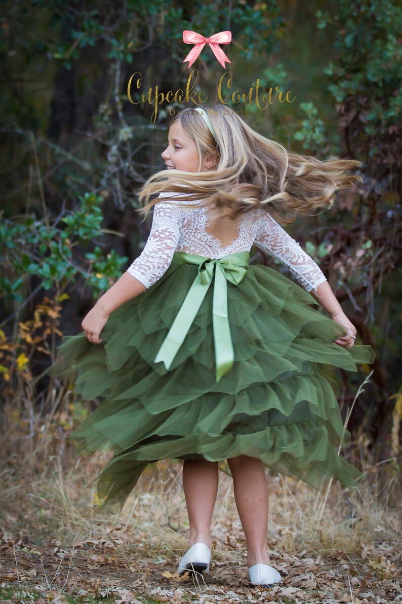 Olive green flower girl dress Etsy