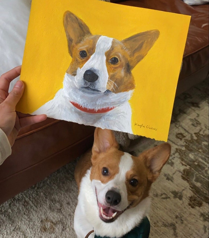 K&ouml;nnte beinhalten: Ein Gem&auml;lde eines Corgi-Hundes auf gelbem Hintergrund. Der Hund ist wei&szlig; und braun mit einem roten Halsband. Das Gem&auml;lde ist signiert mit "Kayla Owens".