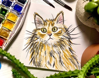 Portrait d’animal personnalisé ludique - Illustration ample et stylisée à l’aquarelle et à l’encre pour les amateurs de chats excentriques