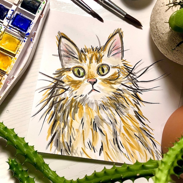 Playful Custom Pet Portraits - Loose, Stylized Watercolor and Ink Illustration for Quirky Cat Lovers