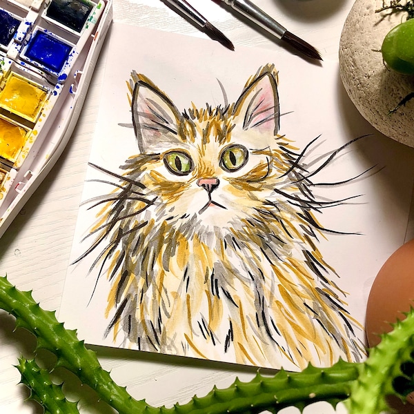 Playful Custom Pet Portrait - Loose, Stylized Watercolor and Ink Illustration for Quirky Cat Lovers