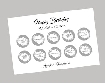Birthday Surprise Match 3 Ticket Print | Personalised Birthday Ticket | Birthday Fun Scratch Reveal | Gift Idea