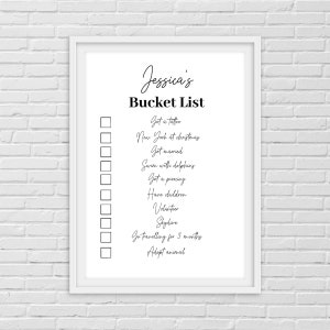 May include: A printable bucket list with a checklist for Jessica. The list includes items such as getting a tattoo, visiting New York at Christmas, getting married, swimming with dolphins, getting a piercing, having children, volunteering, skydiving, travelling for three months, and adopting an animal.