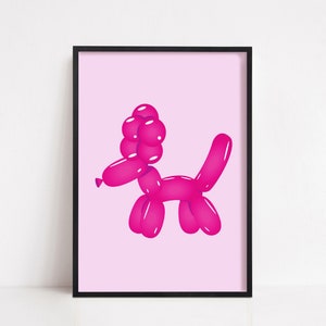 May include: A framed print featuring a vibrant pink balloon dog illustration against a soft pink background. The artwork is encased in a sleek black frame, adding a modern touch to the playful design. Perfect for a child's room or nursery.