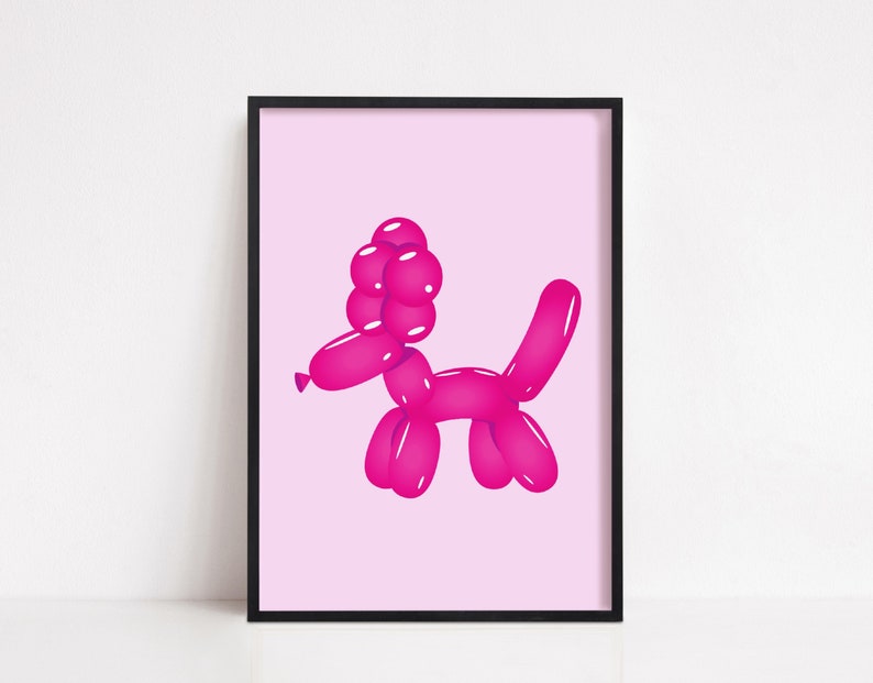 May include: A framed print featuring a vibrant pink balloon dog illustration against a soft pink background. The artwork is encased in a sleek black frame, adding a modern touch to the playful design. Perfect for a child's room or nursery.