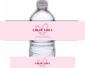 May include: Pink and red water bottle label with the text "CHLOE'S HEN NOV 2024" and the text "HANGOVERS ARE TEMPORARY DRUNK STORIES ARE FOREVER XX"