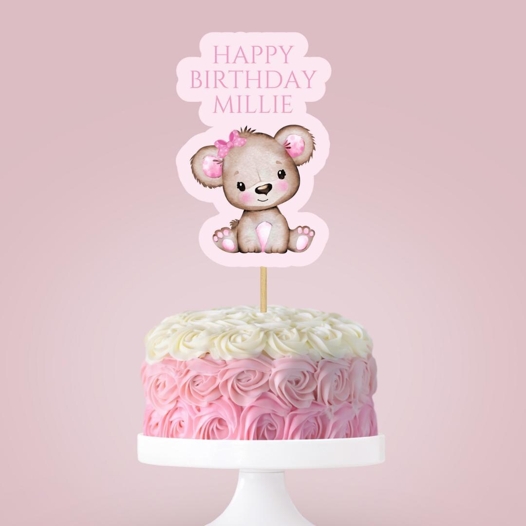 Cake Topper | Personalised Pink Teddy Bear Cake Topper | Pink Teddy ...