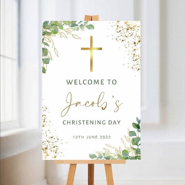 Christening, Baptism, Holy Communion Welcome Board Sign | Personalised Party Board | Green, Gold, Leafy, Eucalyptus Party Sign | A4, A3, A2