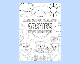May include: Black and white coloring page featuring a teddy bear picnic with the text "Thank you for coming to Archie's Teddy Bear Picnic". The page includes a sun, clouds, stars, balloons, and a banner.