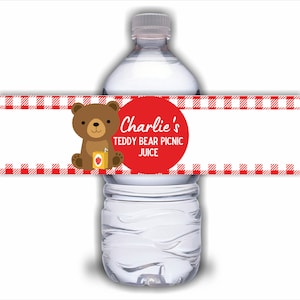 Juice Bottle Labels | Red Teddy Bear Picnic Labels | Water Bottle Stickers | Teddy Bear Picnic Party | Party Stickers