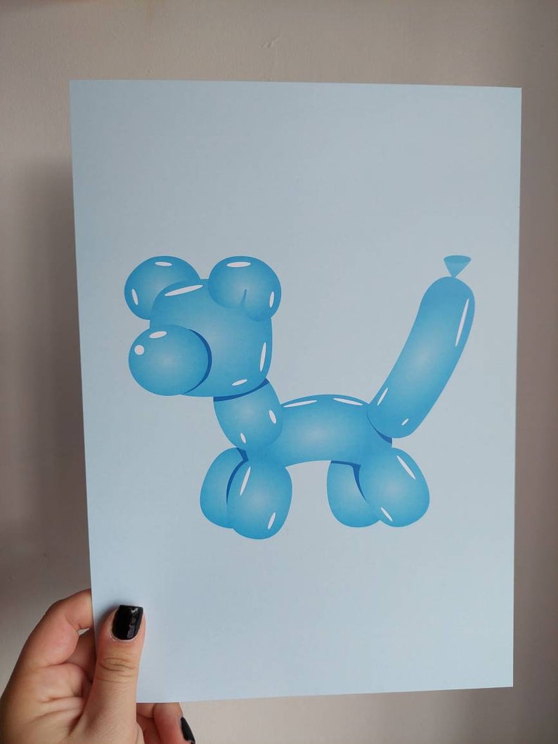 May include: A light blue print featuring a balloon animal dog. The dog is rendered in a glossy, three-dimensional style, with highlights and shadows. The artwork is set against a pale blue background.
