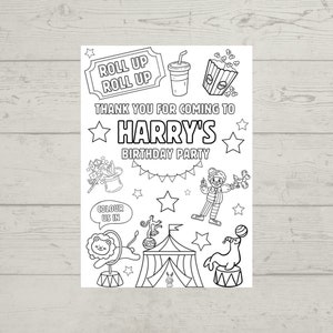 May include: Black and white printable colouring page featuring a circus theme with a clown, a lion, a seal, a tent, a monkey, a magic hat, popcorn, a drink, and stars. The text on the page reads "Roll Up Roll Up Thank You for Coming to Harry's Birthday Party".