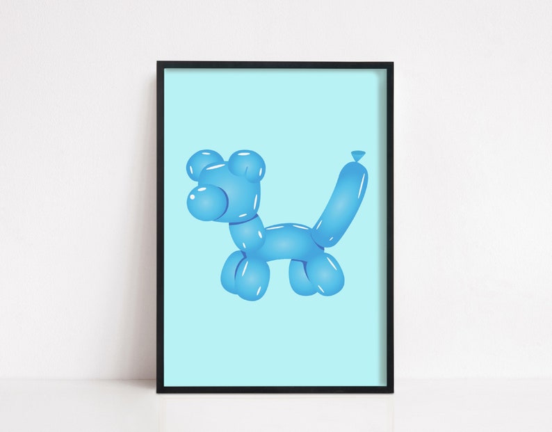 May include: A framed print featuring a blue balloon dog illustration against a light blue background. The artwork is encased in a black frame, creating a clean and modern aesthetic. The balloon dog is a whimsical design.