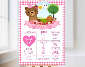 Pink Teddy Bear Welcome Board Sign | Personalised First Birthday Board | Birthday Party Sign | First Birthday Party Décor | A4, A3, A2, A1