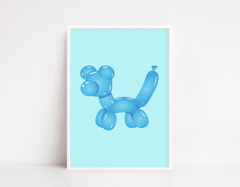 May include: A framed print featuring a blue balloon dog illustration against a light blue background. The dog is rendered in a 3D style, with highlights and shadows. The artwork is displayed in a white frame, suitable for children's rooms or nurseries.
