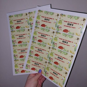 May include: Sheets of party labels with a light yellow background. Each label features a red turtle, green foliage, and the text "THANK YOU FOR COMING TO SEB'S 6TH BIRTHDAY PARTY". The labels are held by a person.