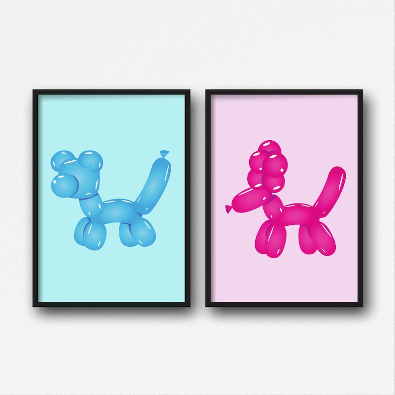 May include: Two framed art prints. One features a blue balloon dog on a light blue background. The other print shows a pink balloon dog on a pink background. Both prints have black frames and are displayed against a white wall.