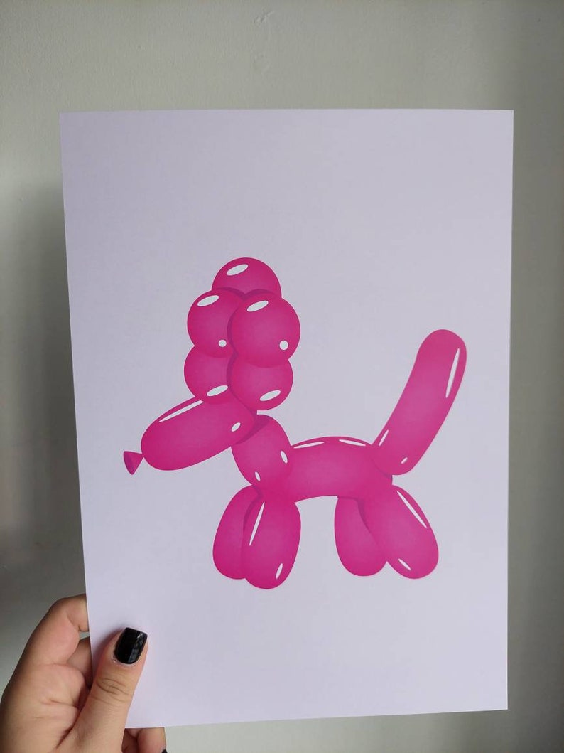 May include: A print of a pink balloon dog. The dog is made of connected balloon shapes, with a head of round balloons and a long, curved tail. The artwork is on a white background.