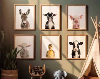 Set of 6 Farm Animal Nursery Prints, Cow Sheep Donkey Pig Goat Duckling Baby, Nursery Baby Animal Print Set, Wall Art Farm Nursery Poster