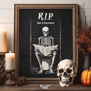 Halloween Bathroom Decor, Printable Toilet Sign, Skeleton Wall Art, RIP, Rest in Peaceroom, Digital Download Bath Halloween Decor Indoor