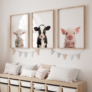 Boerderijdieren print set van 3 kwekerij prints, boerderijdieren baby shower decoraties, kwekerij baby dierenprint, koe varken schapen muur kunst poster