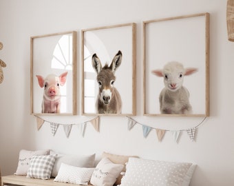 Farm Animals Print Set of 3 Nursery Prints, Farmanimals Baby Shower Decorations, Nursery Baby Animal Print, Pig Donkey Sheep Wall Art Poster