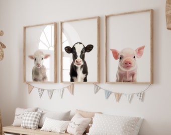 Farm Animals Print Set of 3 Nursery Prints, Farmanimals Baby Shower Decorations, Nursery Baby Animal Print, Cow Pig Sheep Wall Art Poster